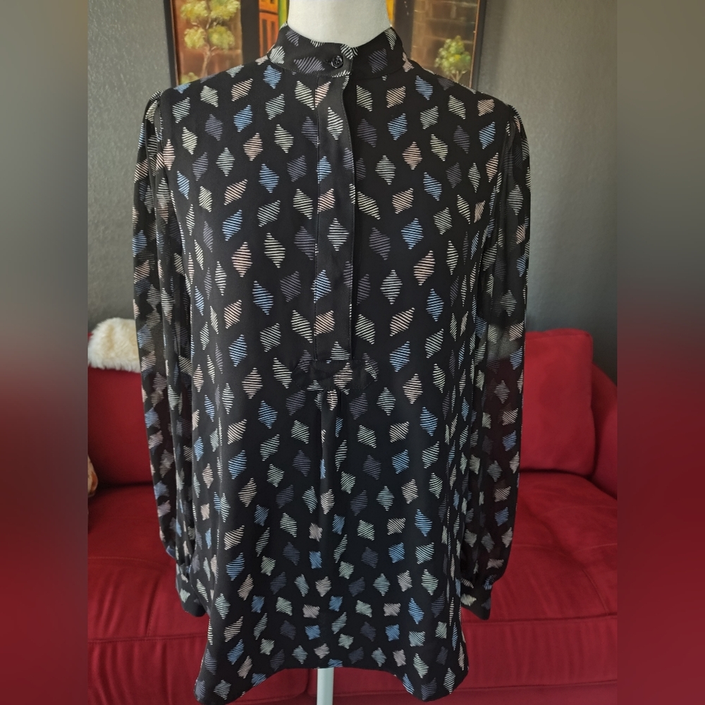 Anne Klein Blouse, Size XXS, Black, blue, purple, pink diamond pattern